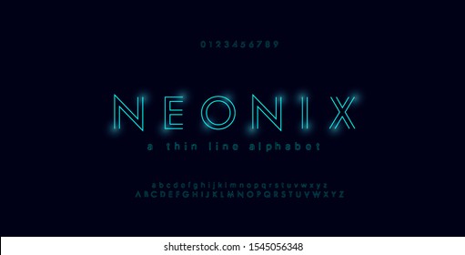 Abstract Urban Thin Line Font Alphabet. Minimal Modern Neon Fonts And Numbers. Typography Typeface Uppercase Lowercase And Number. Vector Illustration