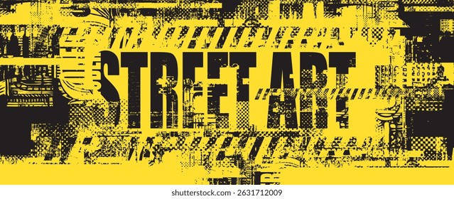 Abstract urbanism theme with inscription. Grunge street art on the background of spots and geometric shapes of city architecture, newspaper clippings. T-shirt design. No AI used