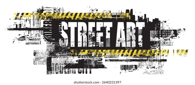 Abstract urbanism theme with inscription. Grunge street art on the background of spots and geometric shapes of city architecture, newspaper clippings. T-shirt design. No AI used