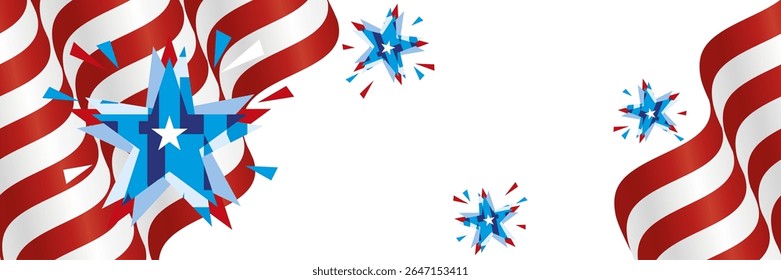 Abstract USA banner, pattern. USA flag red white ribbon, abstract stars with sparkling fireworks on a white background