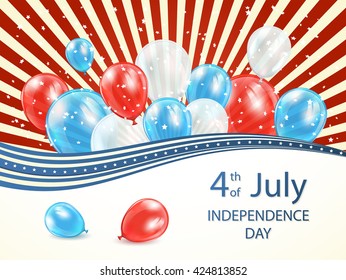 Abstract USA Independence day background 4 of july with lines, stars and colored balloons, illustration.