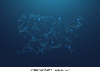 Abstract USA map with Blue Polygonal Space Background with Connecting Lines