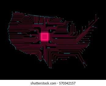 Abstract USA map. In an electronic circuit. Vector illustration.