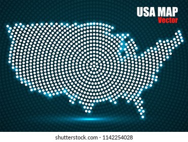 Abstract USA map of glowing radial dots, halftone concept. Vector illustration, eps 10