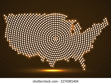 Abstract USA map of glowing radial dots