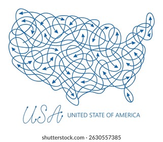 Abstractas mapa de EE.UU. hecho de arremolinadas líneas caóticas y flechas que muestran movimiento y conectividad, comunicación, flujo, dirección, red, EE.UU., mapa, flechas, caótico, abstracto, Vector, flujo, América, azul
