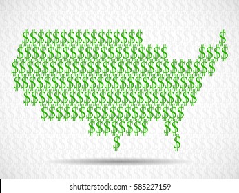 Abstract USA map with signs of the us dollar. Vector background