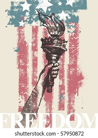 Abstract USA patriotic vector illustration - drawing hand of freedom with torch