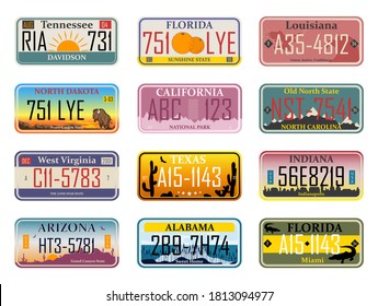 Abstract USA states license plates. Bundle of various vehicle registration signs or automobile identifiers in elegant vintage style.  Metal sign boards automobile plates with digits and letters,