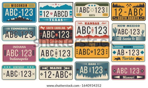 Abstract USA states license plates. Colorful retro\
car license, number plate templates vector set. Bundle of various\
vehicle registration signs or automobile identifiers in elegant\
vintage style