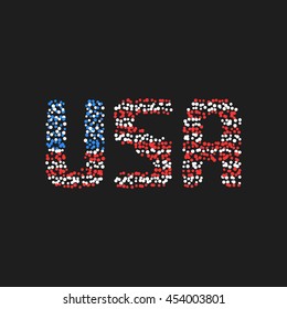 abstract usa text from colored dots. concept of abbreviation, unity, democracy, glory, government, retro badge font, party. flat style logotype design editable vector illustration on black background