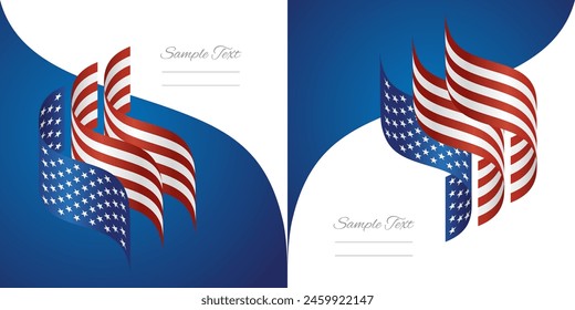 Abstract USA wavy flag ribbon vector. USA striped wavy flag two fold brochure concept on red white background