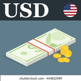 Abstract USD banknotes and coins. Isometric style