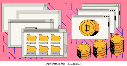 Abstract user interface elements and bitcoin symbols in cartoon style. Concept of cryptocurrency online transaction.