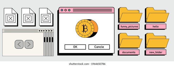Abstract user interface elements and bitcoin symbols in cartoon style. Concept of cryptocurrency online transaction.