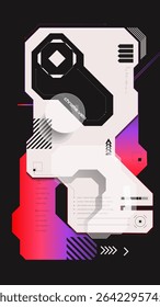 Abstract user interface panel with high-contrast geometric shapes and text codes, featuring central node structure and glitch-inspired red gradients. Concept of background for tech trailers