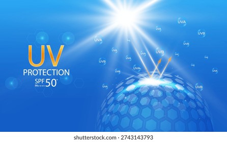 Abstract UV protection sphere with transparent dome shield. Sun light blocked by glass barrier, skin protect concept on blue background. Vector illustration.