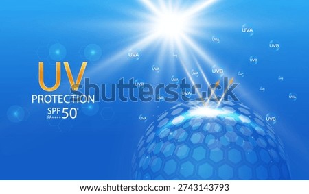 Abstract UV protection sphere with transparent dome shield. Sun light blocked by glass barrier, skin protect concept on blue background. Vector illustration.