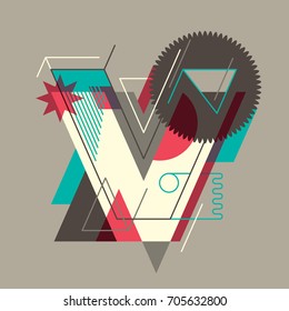 Abstract V letter design, made of various geometric objects and paths. Vector illustration.