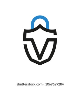 Abstract v letter lock shields security design vector