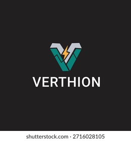 Abstract V letter tech logo with thunder bolt energy symbol for power and technology business.