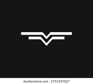 Abstraktes v Logo-Design mit geflügeltem oder gefiedertem Aussehen auf schwarzem Hintergrund