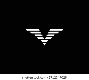 Abstraktes v Logo-Design mit geflügeltem oder gefiedertem Aussehen auf schwarzem Hintergrund