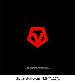 abstract V logo letter in red pentagon shape design concept