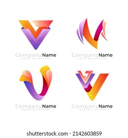Resumen de la plantilla del logotipo V, icono de la letra V, logotipos de colores 3d