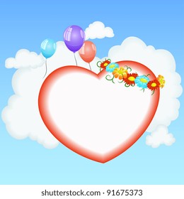 Abstract valentine card with heart shape on cloud sky background. Vector illustration.
