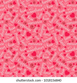 Abstract Valentine' Day seamless pattern with romantic words, heart shapes, man and woman symbols of pink, red, and white shades