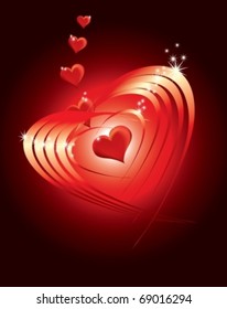 Abstract valentine hearts glowing in the dark red background