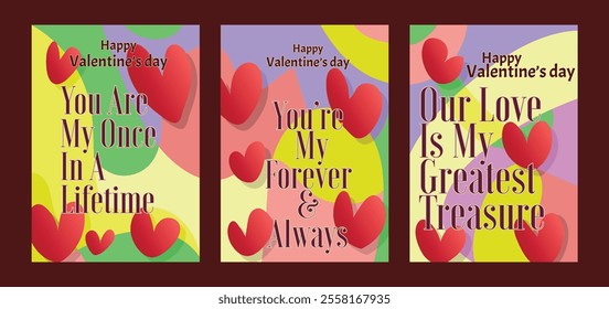 Abstract Valentine Templates with Modern Art and Bold Hearts. A set of Valentine’s Day greeting card with sample text, red hearts and abstract backgrounds templates vector illustration. 