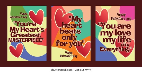 Abstract Valentine Templates with Soft Pastel Backgrounds. A set of Valentine’s Day greeting card with sample text, red hearts and abstract backgrounds templates vector illustration. 