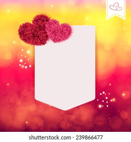 Abstract Valentine or wedding card. Note paper on a bokeh background with two hearts made of leaves. Vector illustration.