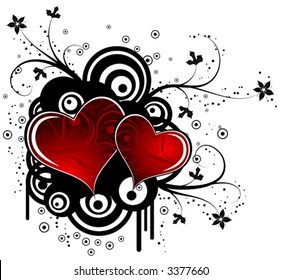 Abstract valentines background with hearts, flowers and retro circles, vector illustration