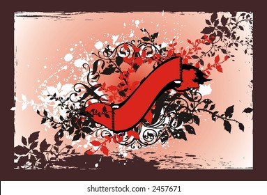 Abstract valentines background with ornamental floral design elements, ribbon and eroded grunge frame,vector illustration