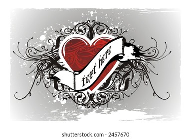 Resumen de fondo de valentinas con corazón rojo y elementos de diseño floral ornamental, cinta, marco erosionado de grunge, ilustración vectorial