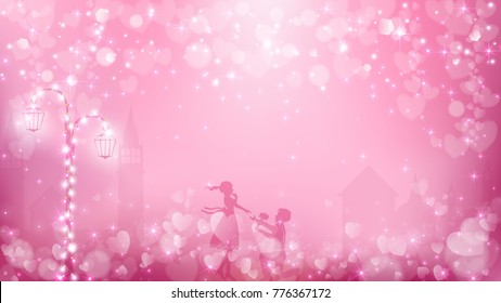 Abstract valentines background as  street view in romantic moment contains pastel color tone,street lamp with fairy lights, transparent town background,a couple in love and free space in the middle.