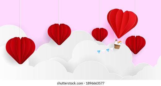 fondo de día de San Valentín abstracto, pareja con globo de forma cardíaca volando sobre papel en la nube caricatura ilustración vectorial