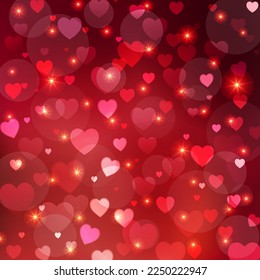 Abstrakter Valentinstag-Hintergrund. Romantisches Design vieler roter Herzen und Sterne. Modisch und glamourös dekoriert jedes Ihrer mutigen Werbeprojekte.