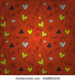 Abstract Valentines day background. Vector hearts love Handmade Paper in black, orange and yellow colors. Valentine day seamless pattern.