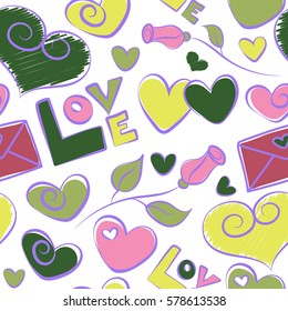 Abstract Valentines day background. Vector hearts love Handmade Paper in pink, yellow and green colors. Valentine day seamless pattern on a white background.