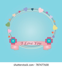 Abstract valentine's day card with text "I Love You" on blue background for your design. Note paper with ribbon, heart and floral. Vector illustration. EPS 10