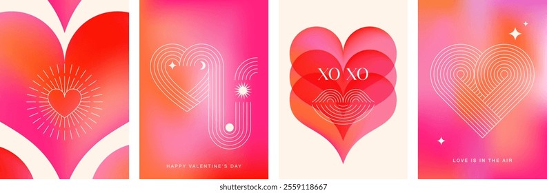 Abstract Valentine's day cards collection, Valentines background in red and pink gradient colors, linear art and elements. Hearts, love, wedding concept vector design