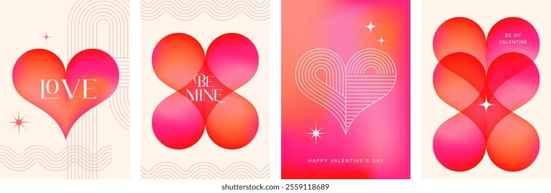 Abstract Valentine's day cards collection, Valentines background in red and pink gradient colors, linear art and elements. Hearts, love, wedding concept vector design