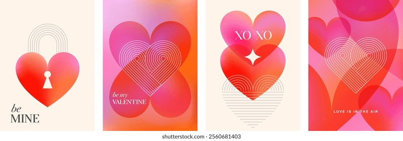 Abstract Valentine's day cards collection, Valentines background in red and pink gradient colors, linear art and elements. Hearts, love, wedding concept vector design