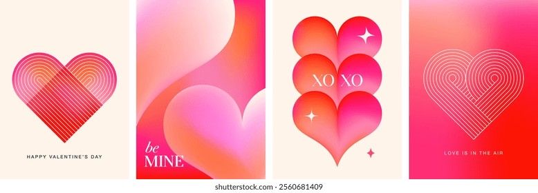 Abstract Valentine's day cards collection, Valentines background in red and pink gradient colors, linear art and elements. Hearts, love, wedding concept vector design