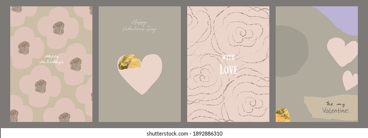 Abstract Valentine's day greeting cards set hand drawn geometric shapes  and flower patterns with gold foil glitter decoration. Romantic backgrounds for invitation, wrapping paper, greeting card, etc