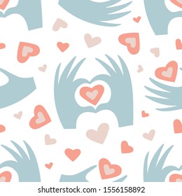 Abstract Valentines Day pattern. Seamless scandinavian ornament with hearts and hands. Hand drawn flat arts. Modern vector repeating background for textile, clothing, paper, print, interior design.